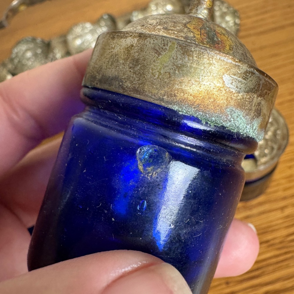 Victorian Era Antique Silver Plated Cobalt Blue Condiment Serving Caddy - Picture 6 of 16